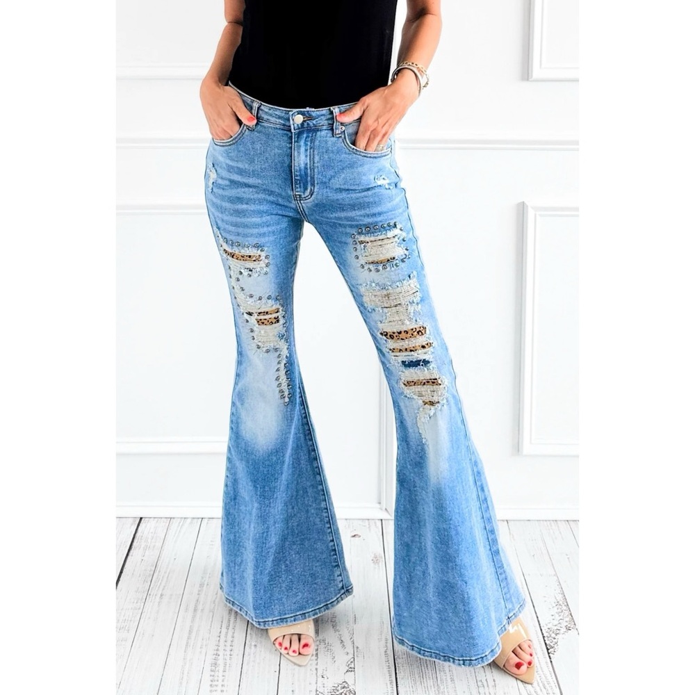 Oli & Hali Leopard Patch Stud Detail Distressed Stretchy Flares - Picture 8 of 8